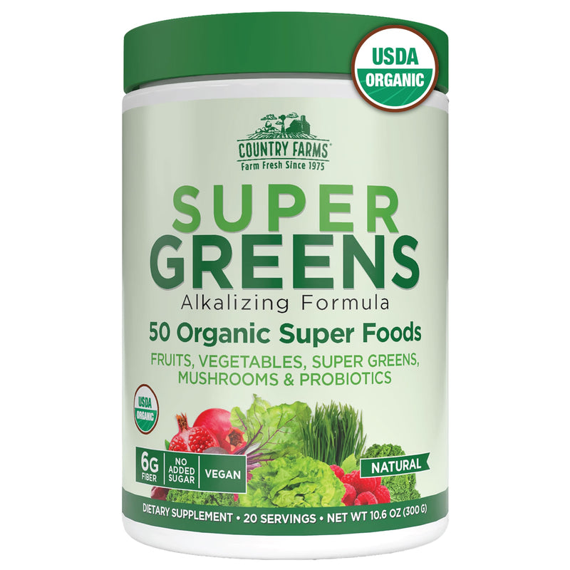 Country Farms Organic Super Greens Powder, 50 Organic Superfoods, Daily Greens Drink Mix with Fruits, Vegetables, Fiber, Probiotics & Mushrooms, Supports Energy, Gut Health & Digestion, Natural Flavor 1 Count (Pack of 1)