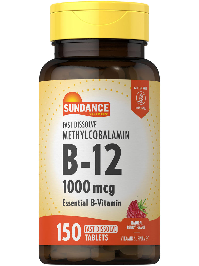 Sundance B-12 Methylcobalamin 1,000 mcg | 150 Fast Dissolve Tablets | Natural Berry Flavor | Vegetarian, Non-GMO, and Gluten Free Essential Vitamin Supplement 150 Count (Pack of 1)