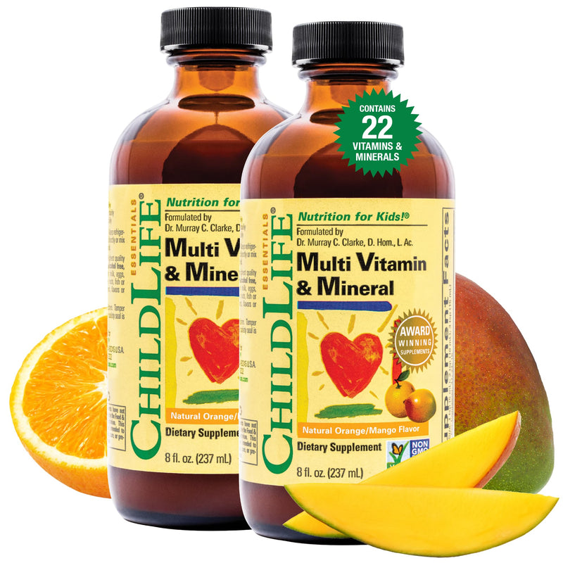 ChildLife Essentials Kids Multivitamin & Mineral, Mango, 8 Fl Oz (2 Pack) | Vitamins for Kids, Liquid Multivitamin Supplement, Toddler & Baby Wellness, Natural, & Mineral Orange Mango 8 Fl Oz (Pack of 2)