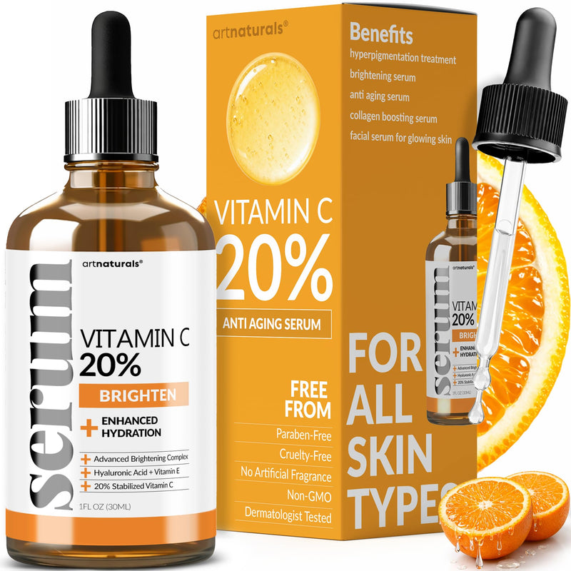 ArtNaturals Vitamin C Serum with Hyaluronic Acid, 1 fl oz | Brightens Complexion, Evens Skin Tone, Smooths Fine Lines, Antioxidant Support, Fast-Absorbing, Radiant-Looking Skin