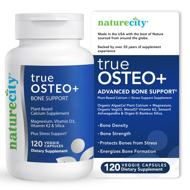 NatureCity True-Osteo Plus Bone Support with Ashwagandha – for Strength & Density – Plant-Based Calcium with Organic AlgaeCal, Magnesium, Vitamin D3, K2, Silicon & Stress Support | 120 Veggie Capsules 120 Count (Pack of 1)