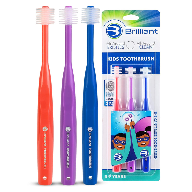 [Australia] - Brilliant Oral Care Kids Toothbrush with Soft Bristles and Round Head, for a Child Approved, Easy to Use All-Around Clean Mouth, Ages 5-9 Years, Red Purple Royal, 3 Pack Red-purple-royal 3 Count (Pack of 1) 