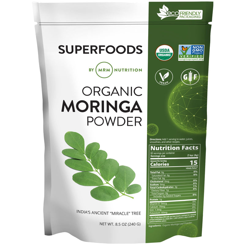 MRM Organic Moringa Powder - for Women & Men, Vegan - 60 Servings | USDA Organic Moringa Leaf Powder, Superfood High in Fiber & Antioxidants for Smoothies, Tea, and Daily Nutrition, Gluten-Free
