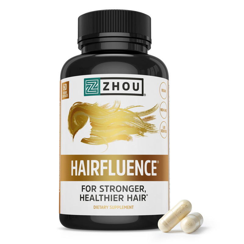 Zhou Hairfluence Supplement - 60 Veggie Capsules (Pack of 1) | Vegan Biotin Supplement for Hair Growth for Men & Women, Supports Stronger & Healthier Hair & Nails 60 Count (Pack of 1)