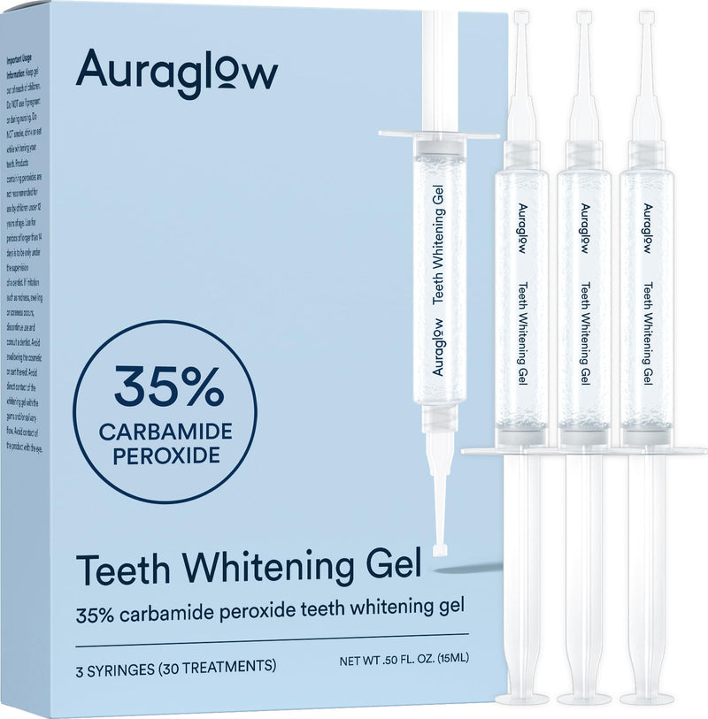 Auraglow 35% Teeth Whitening Gel for Trays, Retainers & Aligners – Dentist Strength Carbamide Peroxide Whitener, 30 Treatments, 3 Syringes (5mL) 35% - Mint 0.5 Fl Oz (Pack of 1)