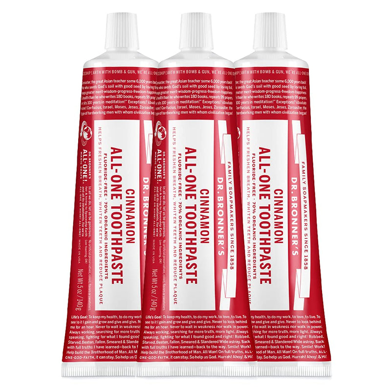 [Australia] - Dr. Bronner’s All-One Toothpaste– Cinnamon, 5 oz, 3-Pack– Fluoride-Free Toothpaste for Adults, SLS-Free, 70% Organic & Natural Ingredients, Vegan, Helps Freshen Breath, Reduce Plaque, Whiten Teeth 5 Ounce (Pack of 3) 