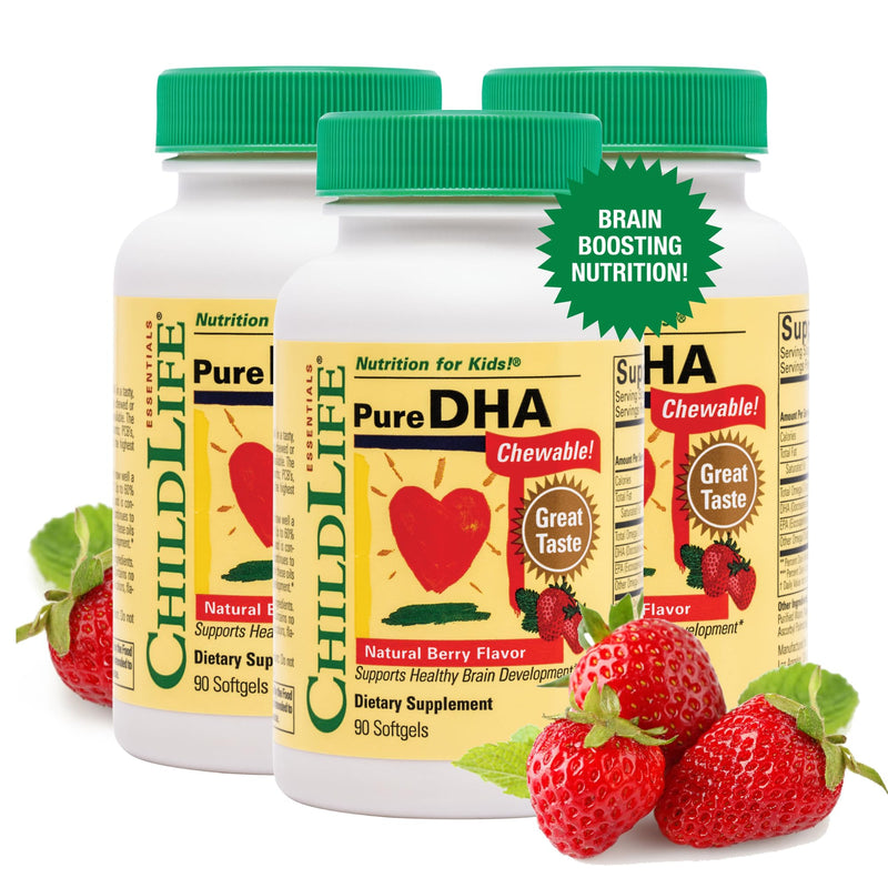 [Australia] - CHILDLIFE ESSENTIALS Pure DHA Dietary Supplement - DHA for Kids, Supports Healthy Brain Growth & Function, All-Natural, Gluten-Free, Kids DHA Supplement - Natural Strawberry Flavor, 90 Count (3 Pack) 