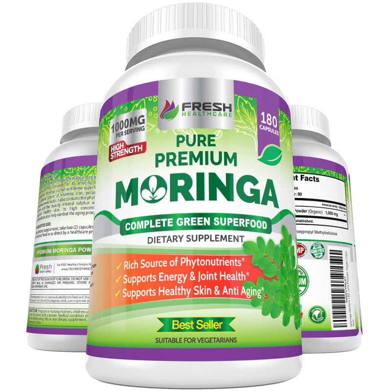 [Australia] - FRESH HEALTHCARE Moringa Oleifera 180 Capsules – 100% Pure Leaf Powder - 3 Month Supply - Non GMO and Gluten Free - Complete Green Superfood Supplement - Energy, Metabolism and Immune Support 