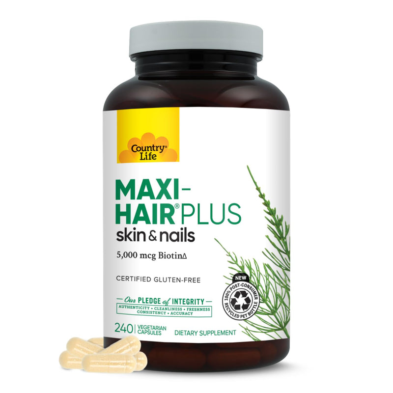 Country Life Maxi-Hair Plus 5000 mcg Biotin, 240 Vegetarian Capsules | Supports healthier-looking skin and strands plus strong nails from within