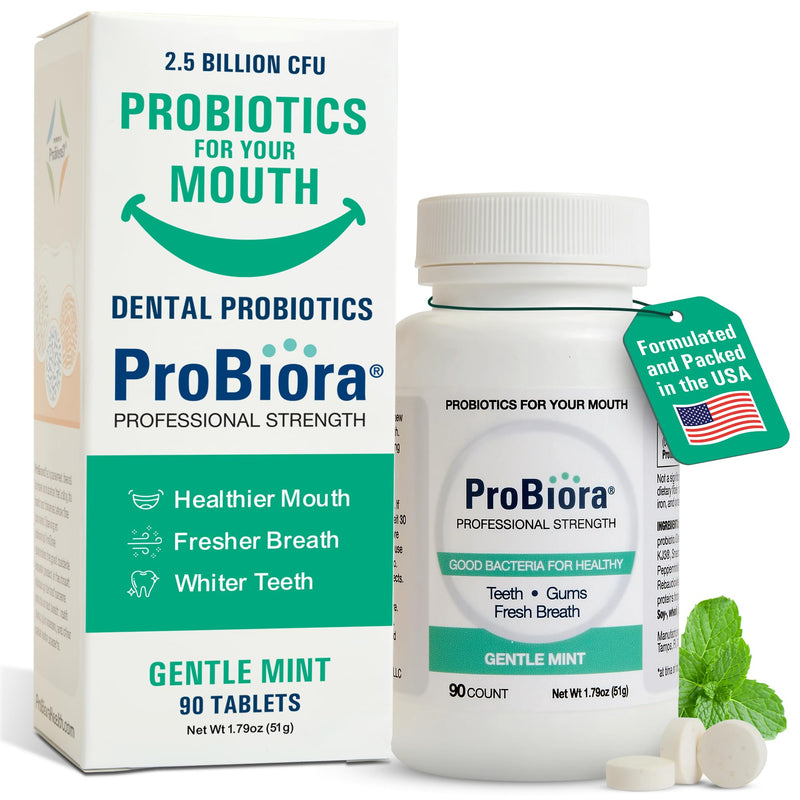 [Australia] - ProBiora Professional Strength Oral Probiotics for Teeth and Gums | Dental Probiotic for Oral Health | Bad Breath Treatment for Adults | Tooth Whitening | ProBiora3 Probiotic Blend | 90 Mint Tablets Gentle Mint 