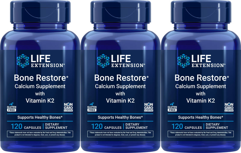 Life Extension Bone Restore Calcium Supplement with Vitamin K2, 120 Capsules (Pack of 3)