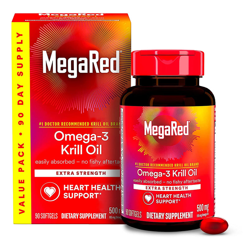 MegaRed Antarctic Krill Oil 500mg Omega 3 Fatty Acid Supplement, Extra Strength EPA & DHA Krill Oil Softgels (90cnt Box), Astaxanthin, Heart Health Supplement with No Fish Oil Aftertaste | Antioxidant Astaxanthin, Phospholipids, EPA & DHA, Heart Suppor...