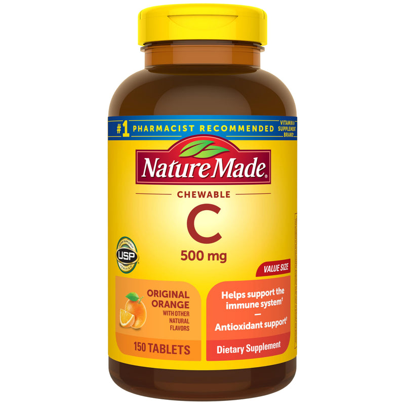 Nature Made Chewable Vitamin C 500 mg for Immune Support, 150 Tablets | Dietary Vitamin C Supplement for Immune Support and Antioxidant Support, Orange Flavored Chewable Tablets, 150 Day Supply 150 Count (Pack of 1)