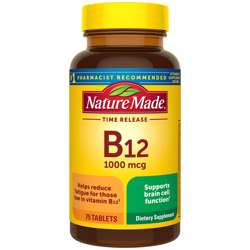 Nature Made Vitamin B12 1000 mcg Time Release Tablets, 75 Tablets | B12 Vitamins for Women and Men, Dietary Supplement for Energy Metabolism Support, Gluten Free, 75 Day Supply Unflavored 75 Count (Pack of 1)