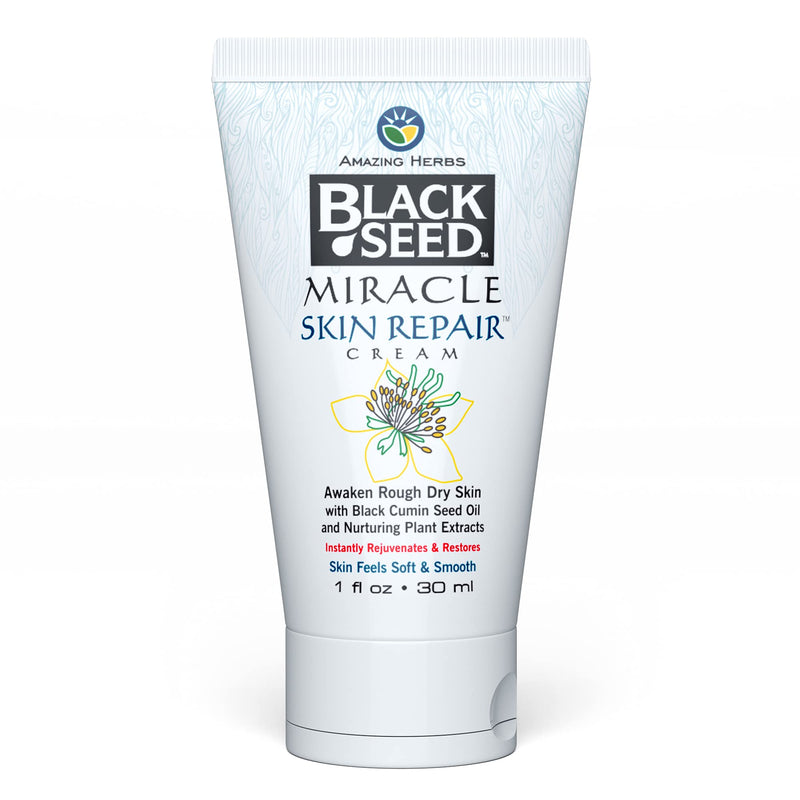 Amazing Herbs Black Seed Miracle Skin Repair Cream Non-Allergenic - 1 Fl Oz | Black Cumin Seed Oil, Vitamin E, & Plant Extracts, Supports Collagen & Elastin Production for Men & Women