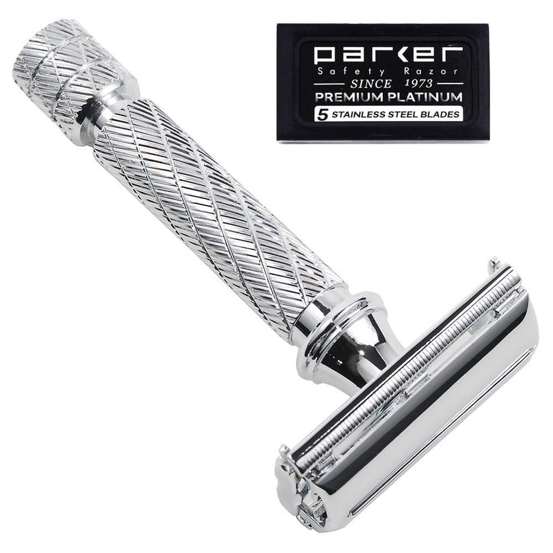 Parker 87R Compact Butterfly Safety Razor – Short Handle Twist-to-Open Brass Frame with Textured Grip for Precision Wet Shaving