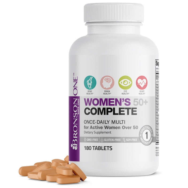 Bronson ONE Daily Women 50+ Complete Multivitamin Multimineral, 180 Tablets | Once-Daily, Targeted Nutrition For Active Women Over 50, Non-GMO, Gluten-Free, Soy-Free 180 Count (Pack of 1)