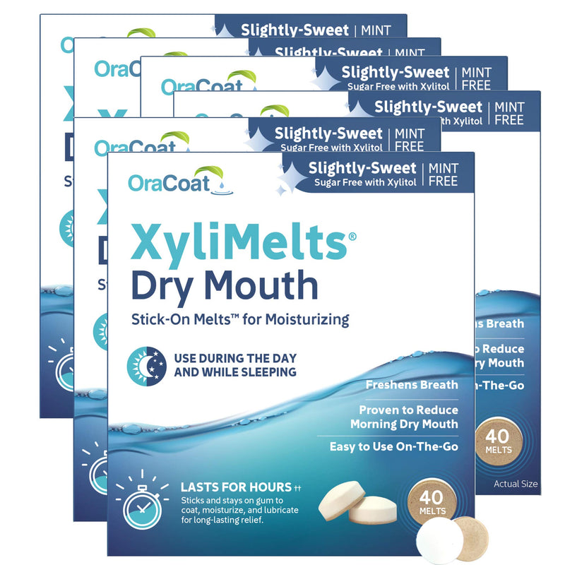 [Australia] - Oracoat XyliMelts for Dry Mouth Night Time or Day - Moisturizing Dry Mouth Adhering Discs, Sugar Free with Xylitol, 40 Count - 6 Pack, Slightly-Sweet Flavor, 8-Hour Relief 