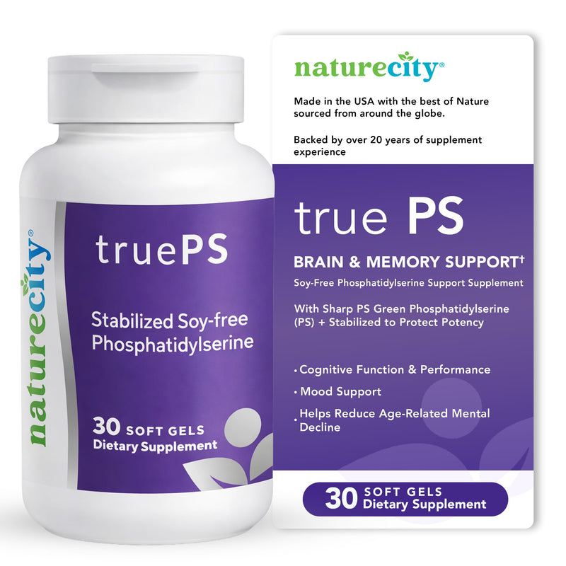 NatureCity True-PS Soy Free Stabilized Phosphatidylserine 100mg Brain Supplements for Memory and Focus - Memory Pills for Brain - Brain Health Supplements for Adults (30 SoftGels)