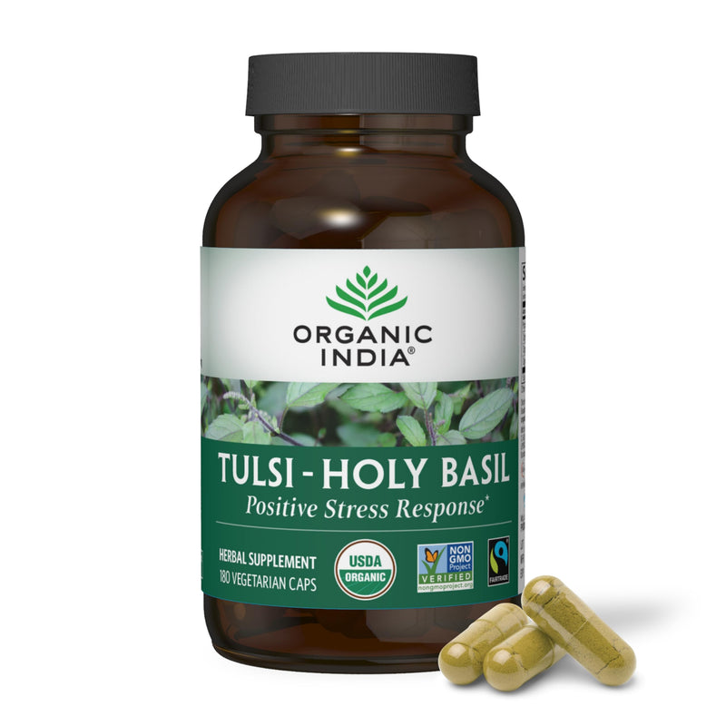 [Australia] - Organic India Tulsi Holy Basil Capsules - Holy Basil Extract - Holy Basil Leaf Supplement, Herbal Supplement, Immune Support, Stress Relief, Vegan, Gluten-Free, Kosher, Organic, Non-GMO - 180 Capsules 180 Count (Pack of 1) 