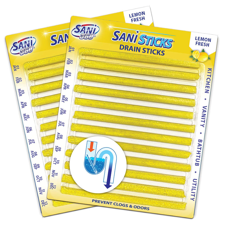 [Australia] - SANI 360° Sani Sticks Drain Cleaner and Deodorizer, Enzyme Pipe Cleaners, Eliminate Odors, Prevent Clogged Drains, Safe for Sinks, Bathtub Drains, Septic Tanks, 24 Count, Lemon Scent 