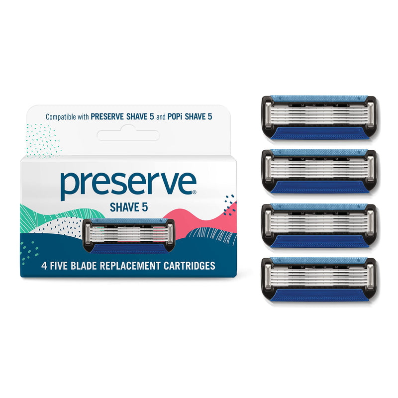 [Australia] - Preserve Shave 5 Razor Blades Refills - 5 Blade Razors for Men & Women - Ceramic Coated Shavers for Comfort with Aloe-Cocoa Butter Strip - Reusable Shaving Refill - 4 Pack Replacement Shave 5 Cartridges 