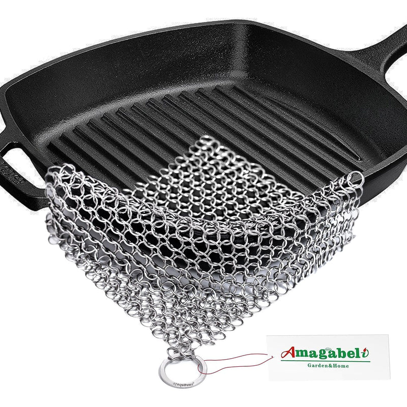 [Australia] - Amagabeli Cast Iron Cleaner 8"x6" Chain mail scrubber 316L Premium Stainless Steel Chainmail Scrubber for cast iron pans Skillet Wok Pot Dutch Ovens Cleaning with Hanging Ring Rectangle 316 CS03 8"x6" 
