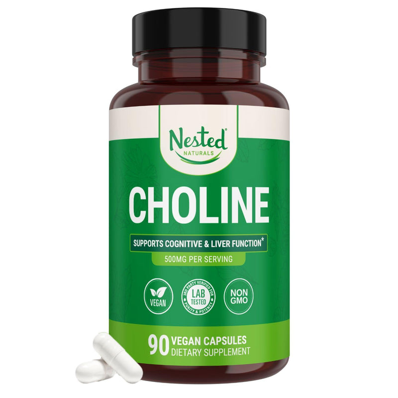 Nested Naturals Choline Bitartrate 500mg Per Serving - High Potency Choline Supplements - Supports Cognitive Performance & Liver Function - 100% Vegan & Non-GMO Choline - 90 Vegan Capsules 90 Count (Pack of 1)