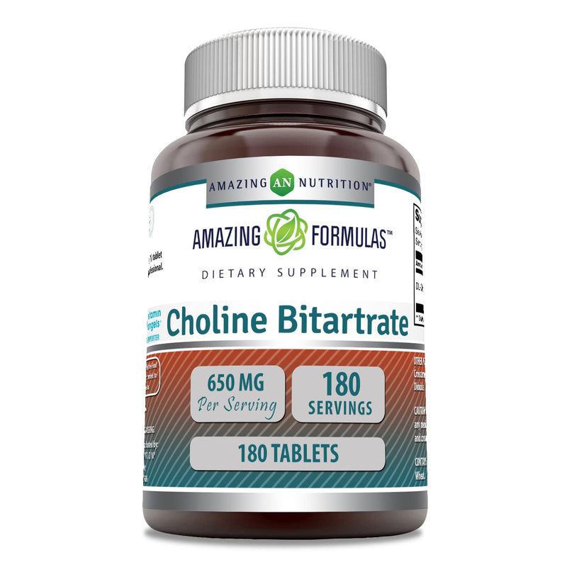 [Australia] - Amazing Formulas Choline Bitartrate - 650 MG, 180 Tablets (Non-GMO, Gluten Free) – Supports Nerve & Brain Health - Promotes Cellular Function - Cognitive Support 