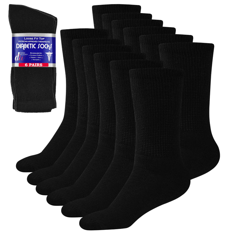 [Australia] - Debra Weitzner Diabetic Socks For Men and Women Loose Fit Non-Binding Cotton Crew Socks 6 Pairs 10-13 6 Pairs Black 