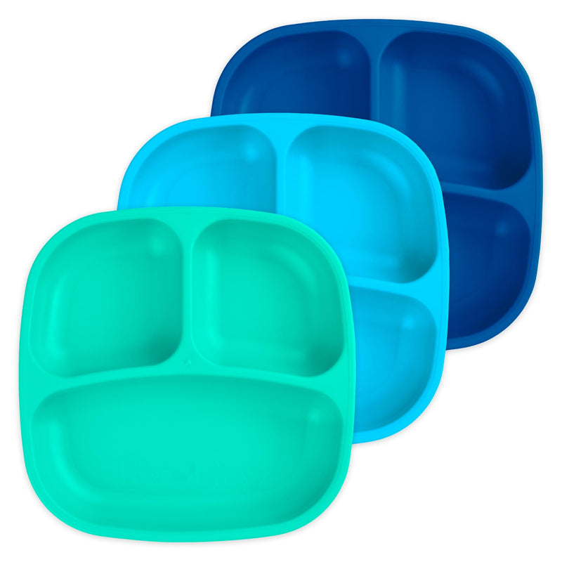 [Australia] - Re-Play Toddler Plates with Dividers - Deep-Walled 3 Compartments Divided Plates for Kids - Dishwasher & Microwave Safe - Made in USA - Set of 3-7.37" x 7.37" x 1.25" - A True Blue Without Lid 