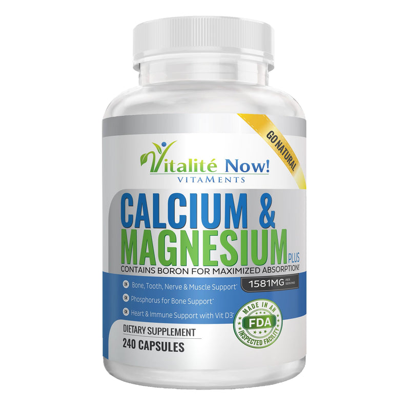 Vitalité Now! Calcium Magnesium Supplement 1000mg with Vitamin D | 10 Forms of Calcium for Maximum Absorption - Bone Strength Support with Boron and Phosphorus - 240 Capsules - 2 Month Supply