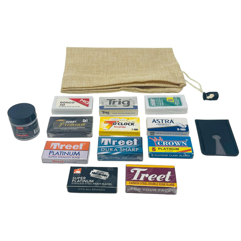 GENTS Double Edge Safety Razor Blade Variety Pack – 80 Platinum Coated Razor Blades with Styptic Powder for Nicks & Cuts + Leather Razor Head Sleeve Cover – Premium Wet Shaving Essentials for Men