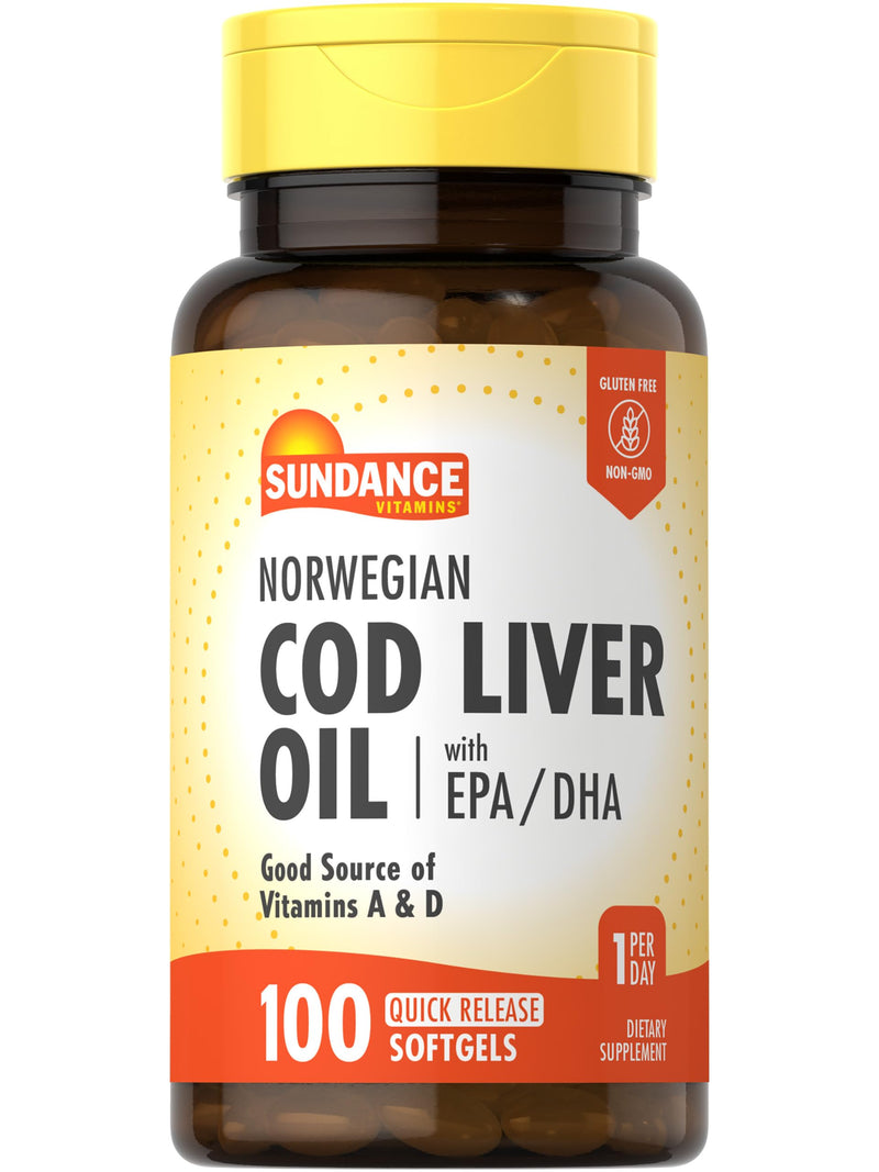 Sundance Norwegian Cod Liver Oil | 100 Softgels | with EPA and DHA | Good Source of Vitamins A & D | Non-GMO and Gluten Free Supplement