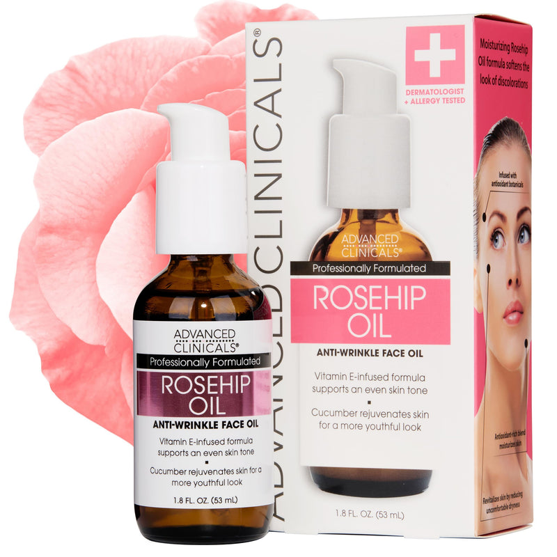 Advanced Clinicals Rosehip Oil For Face With Vitamin E + Botanicals Helps Improve Look Of Dark Spots, Wrinkles, Fine Lines, & Uneven Looking Skin Tone | Moisturizing Skin Care Face Serum, 1.8 Fl Oz 1.8 Fl Oz (Pack of 1) Rosehip Oil Serum