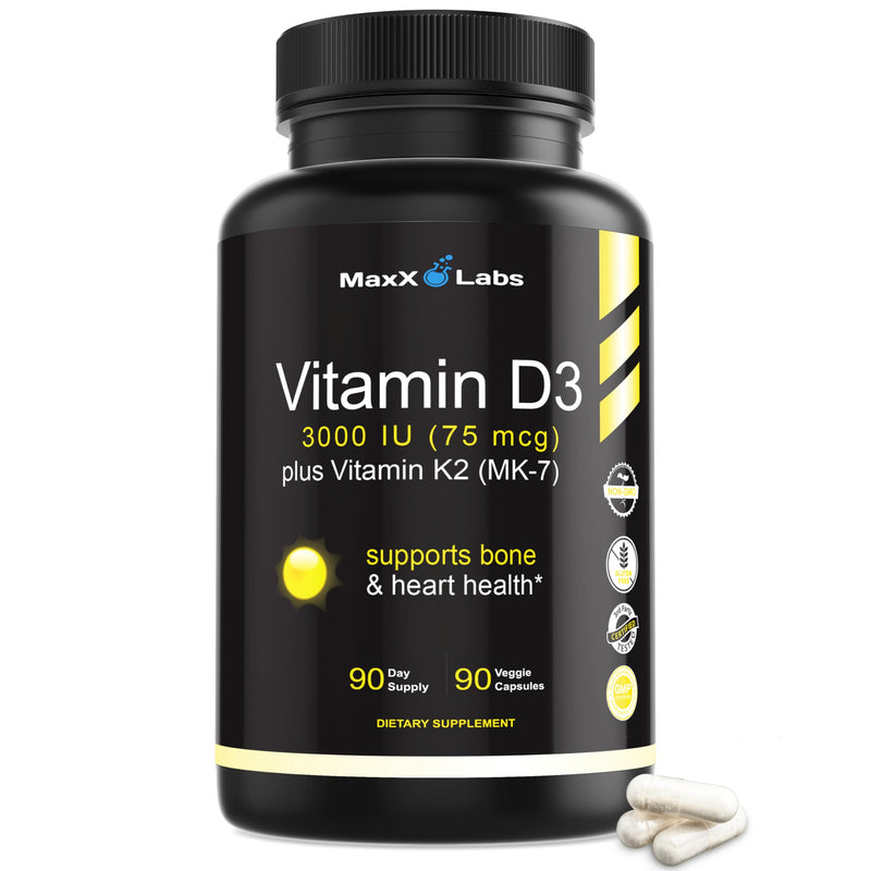 Vitamin D3 K2 3000 IU with Vitamin K as MK-7 from Natto, Non-GMO, 90 Ct | High Potency Vitamin D Supplement Support Healthy Bones, Teeth, Heart & Immune Function - Gluten Free, USA Made, 90 Servings 90 Count (Pack of 1) Vitamin D3 + K2 Capsules