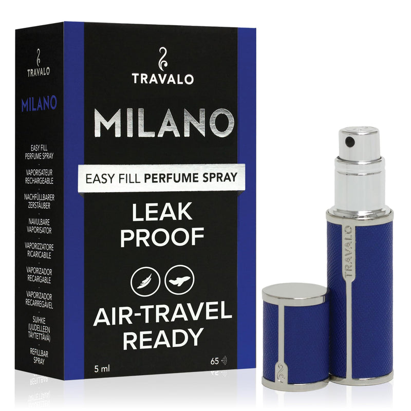 Travalo Milano Perfume Atomizer - Leak-Proof and TSA Approved for Air Travel - Reusable, Airtight, Easy Fill Mini Pump Sprayer - Lightweight, Vegan Leather with Polished Metal Outer Shell - Blue