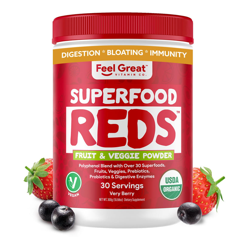 Feel Great Organic Superfood Reds Powder Packed with Beet Root Powder | Digestive Support Including Bloating Relief | Fruit and Veggie Polyphenols Supplement. Superfood Very Berry Reds Powder