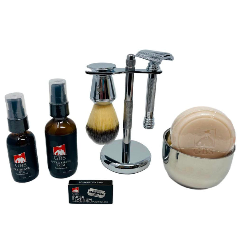 [Australia] - G.B.S Men's Shave Kit, Double Edge Razor and Brush Stand Shaving Bowl, Soap and DE Razor Blades Stubble Remover Effortless Glide 