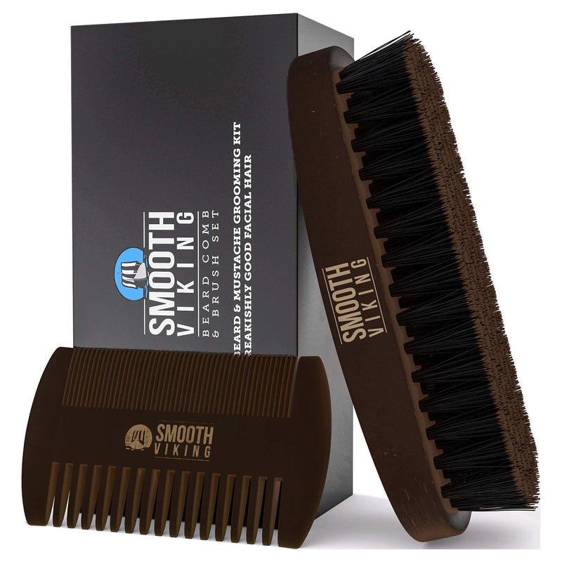 [Australia] - Smooth Viking Beard Brush & Comb Gift Set for Men - Natural Boar Bristle Hair Brush & Wooden Comb, Boar Brush for Facial Hair Styling, Grooming & Beard Shaping Tool, Men Hair Products - Brown 