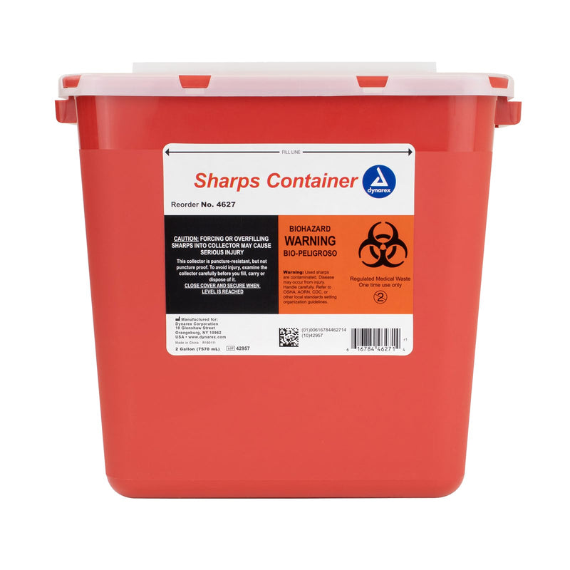 [Australia] - Dynarex Sharps Container, Provides a Safe Disposal of Medical Waste and Needles, Non-Sterile & Latex-Free, 2 Gallons, Made with Thermoplastic, Red with a Transparent Lid, 1 Dynarex Sharps Container 2 Gallon (Single) 