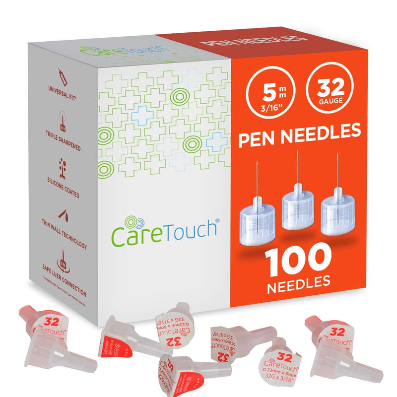 [Australia] - Care Touch Pen Needle 32 Gauge, 0.2"-5mm - Set of 100 Diabetic Fine Needles - Triple Sharpened, Silicone Coated Bevel, Thin Wall Technology, & Secure Attachment - Compatible with Most Insulin Pens 