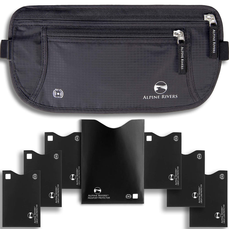 Alpine Rivers Money Belt for Travel - RFID Hidden Wallet, Onyx Black | Triple-layer RFID shielding, hidden passport holder and waist wallet, 7 card sleeves included, fits 26-56 inch waists