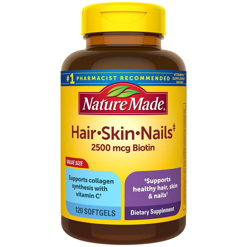 [Australia] - Nature Made Hair Skin and Nails with Biotin 2500 mcg, Dietary Supplement For Healthy Hair Skin and Nails Support, 120 Softgels, 120 Day Supply 1 Count (Pack of 120) 