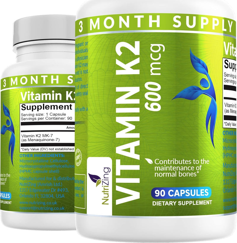 [Australia] - NutriZing K2 Vitamin Supplement MK-7 - High Strength 600mcg - Supports Bone & Arterial Health - 90 Vegan Capsules - Vitamin K2 for Men & Women - 3 Month Supply 