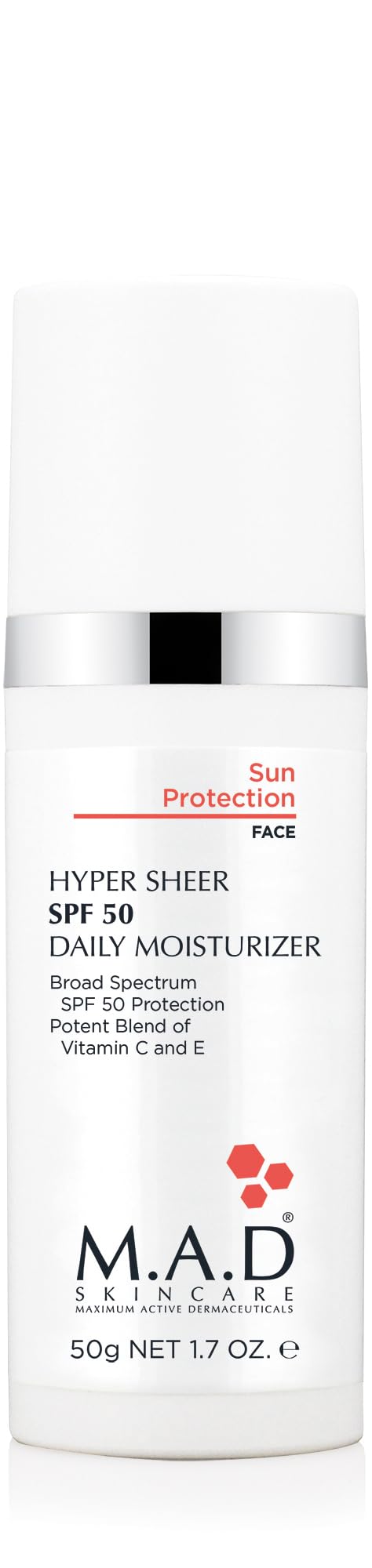M.A.D Skincare HYPER SHEER SPF 50 DAILY MOISTURIZER Sun Protection – Lightweight Face Cream with Zinc Oxide & Vitamin C – Anti-Aging & Hydrating Skin Repair – 1.7 oz
