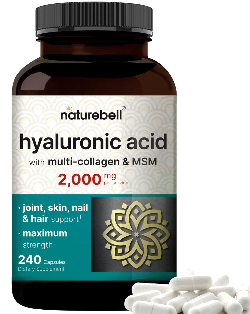 [Australia] - NatureBell Hyaluronic Acid Supplements 2000*mg | 240* Capsules, with MSM & Multi Collagen – 3 in 1 Support – Skin Hydration, Joint Lubrication, Hair, and Eye Health 240 Count (Pack of 1) 