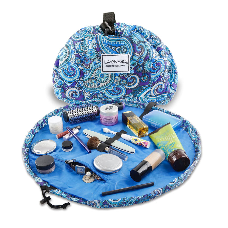 Lay-n-Go Cosmo Layflat Drawstring Cosmetic & Makeup Bag Organizer - Portable Drawstring Bag w/Zipper Pocket, Makeup Loops & More - Durable, Machine Washable Toiletry Bag for Travel (22", Blue Paisley) 22 inch