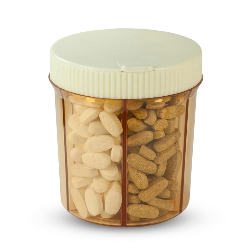 Vitanizer Round Pill Organizer, 6 Compartment Vitamin Dispenser | Amber 6 Section Round Pill Container Dispenser Case for Supplements, Ideal Travel Bottle & Jar Holder with Easy Turn Lid