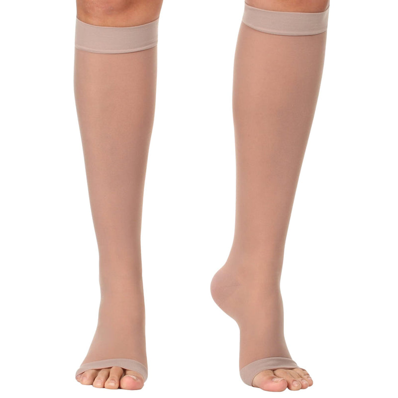 [Australia] - Made in USA - Sheer Compression Socks for Women 20-30mmHg Open Toe - Toeless Graduated Support Knee High Stockings - A215 Medium Beige 